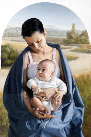 olajfestmény portré, anya gyermekével, madonna, portréfestészet